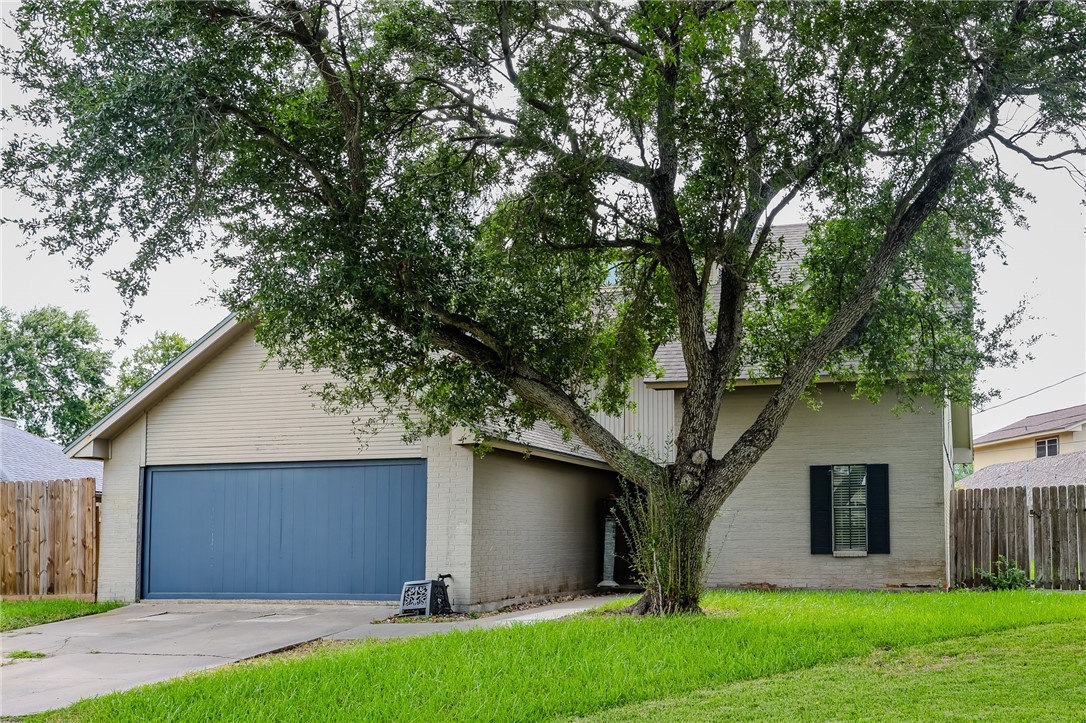 a view of a yard in front of a house with large tree