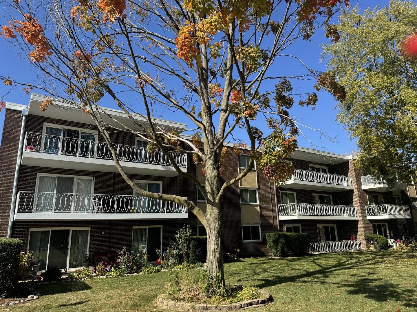 a front view of a building with a garden