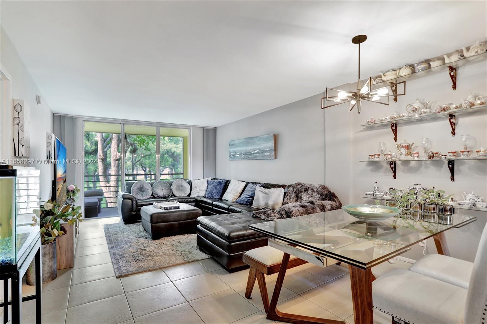 a living room with furniture and a table