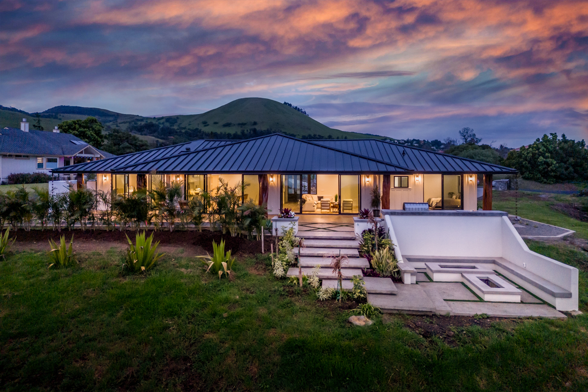 Make memories at this BRAND NEW amazing Modern Farmhouse in the popular in-town Sandalwood neighborhood with 1+ acre lots.. Shown here is the huge lanai &h dual Fire-pit; perfect for gathering friends, family or for a romantic evening under the stars!