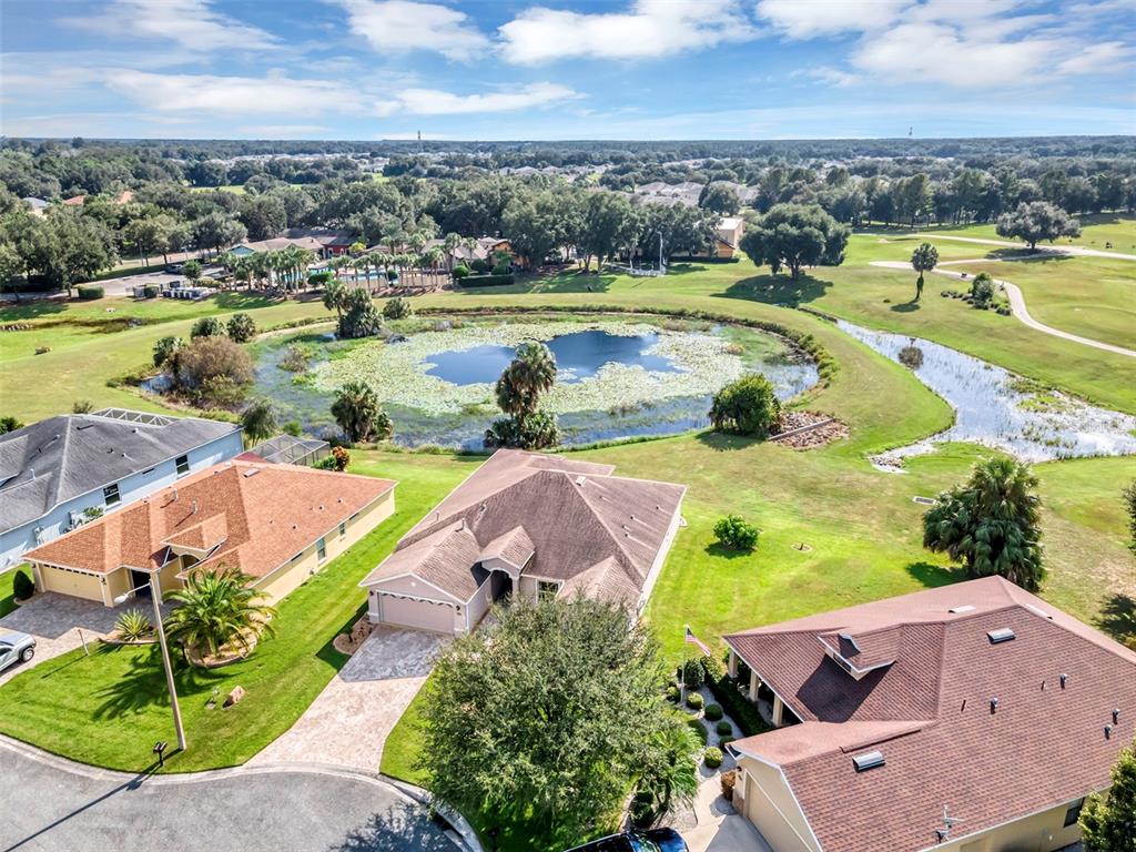 an aerial view of residential houses with outdoor space and lake view