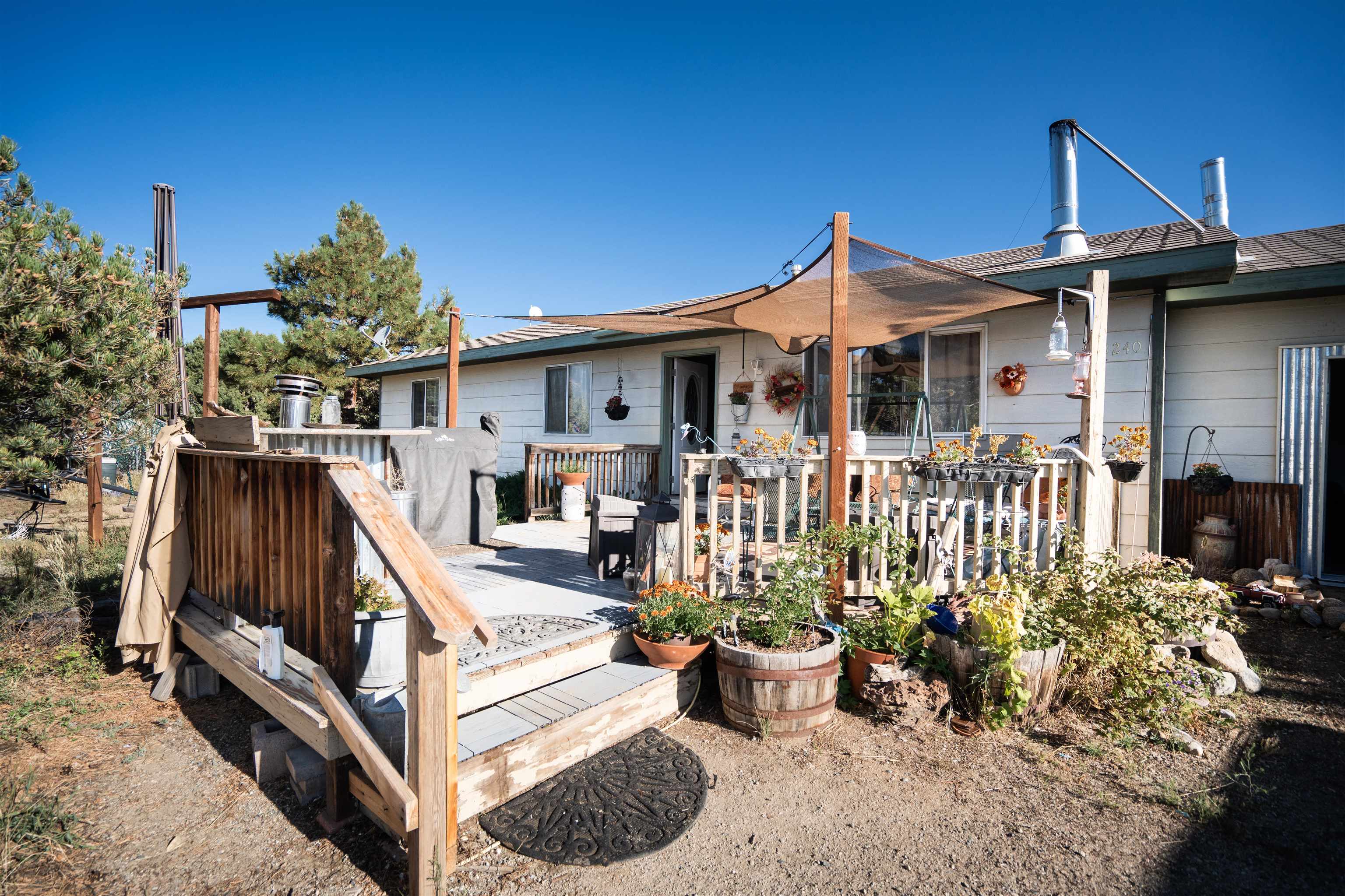 a front view of a house with patio