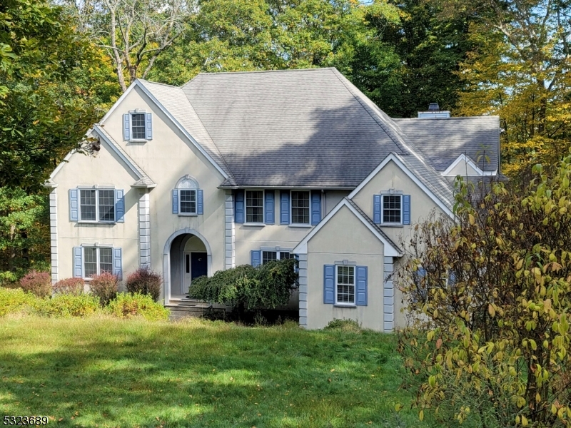 a front view of a house with a yard and trees