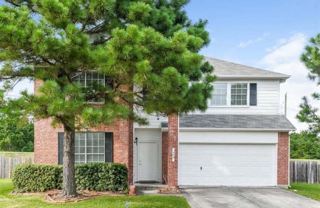 a front view of a house with a yard garage and tree