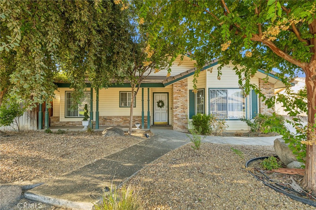 a front view of a house with a yard and potted plants