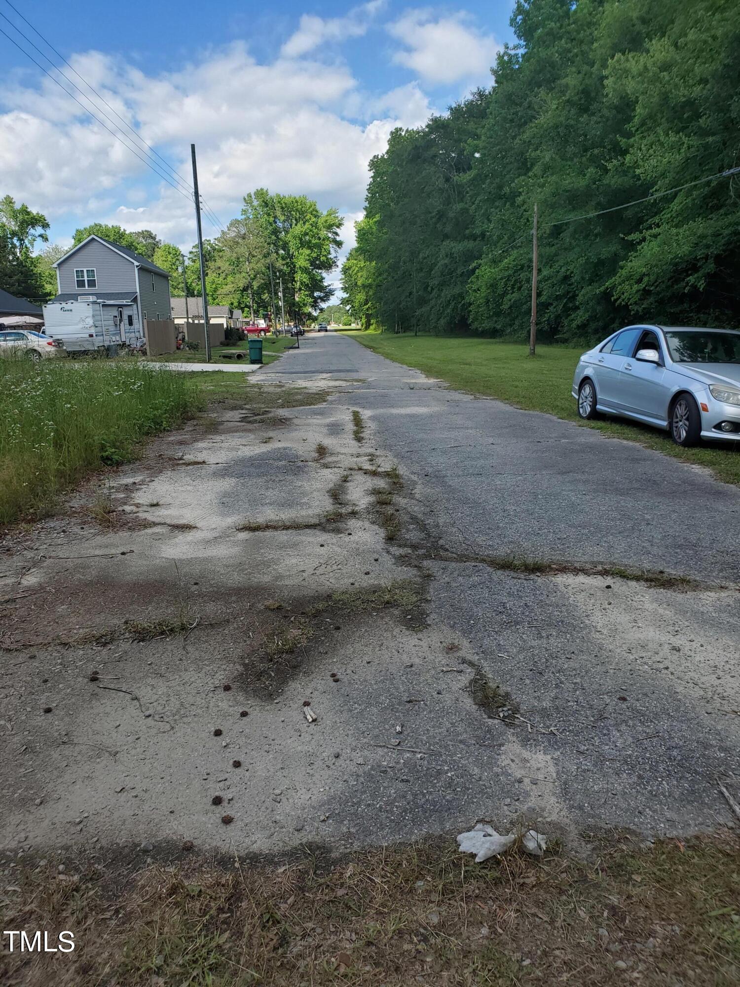 a view of a yard with a car parked in the road