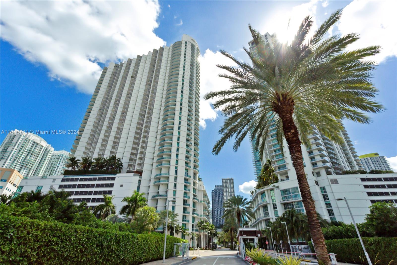 a view of a tall building with a palm tree in the background