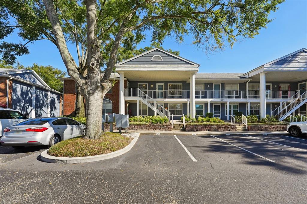 a view of a building with a patio