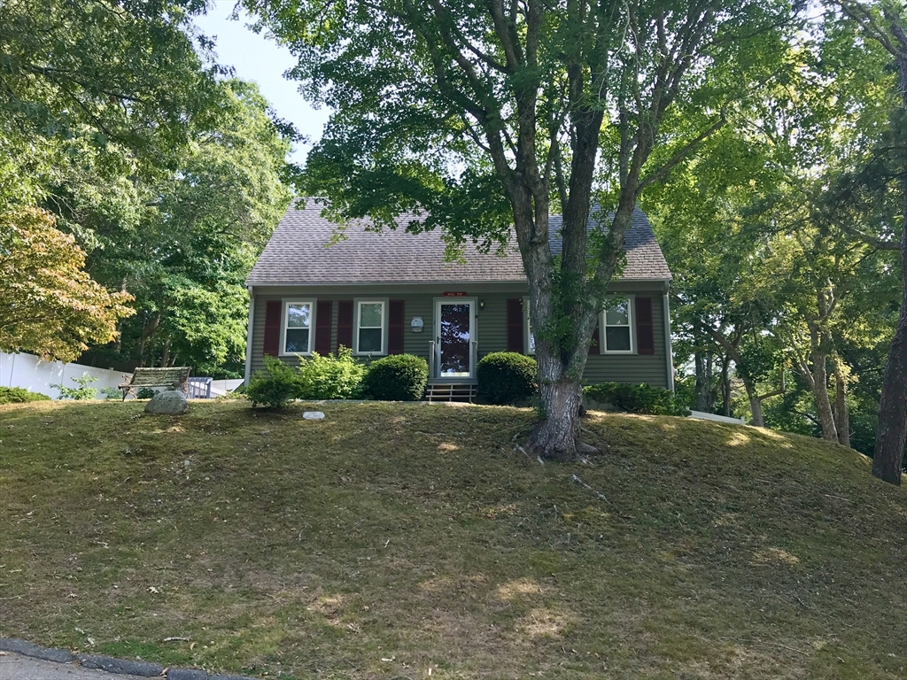 a front view of a house with yard tree and green space