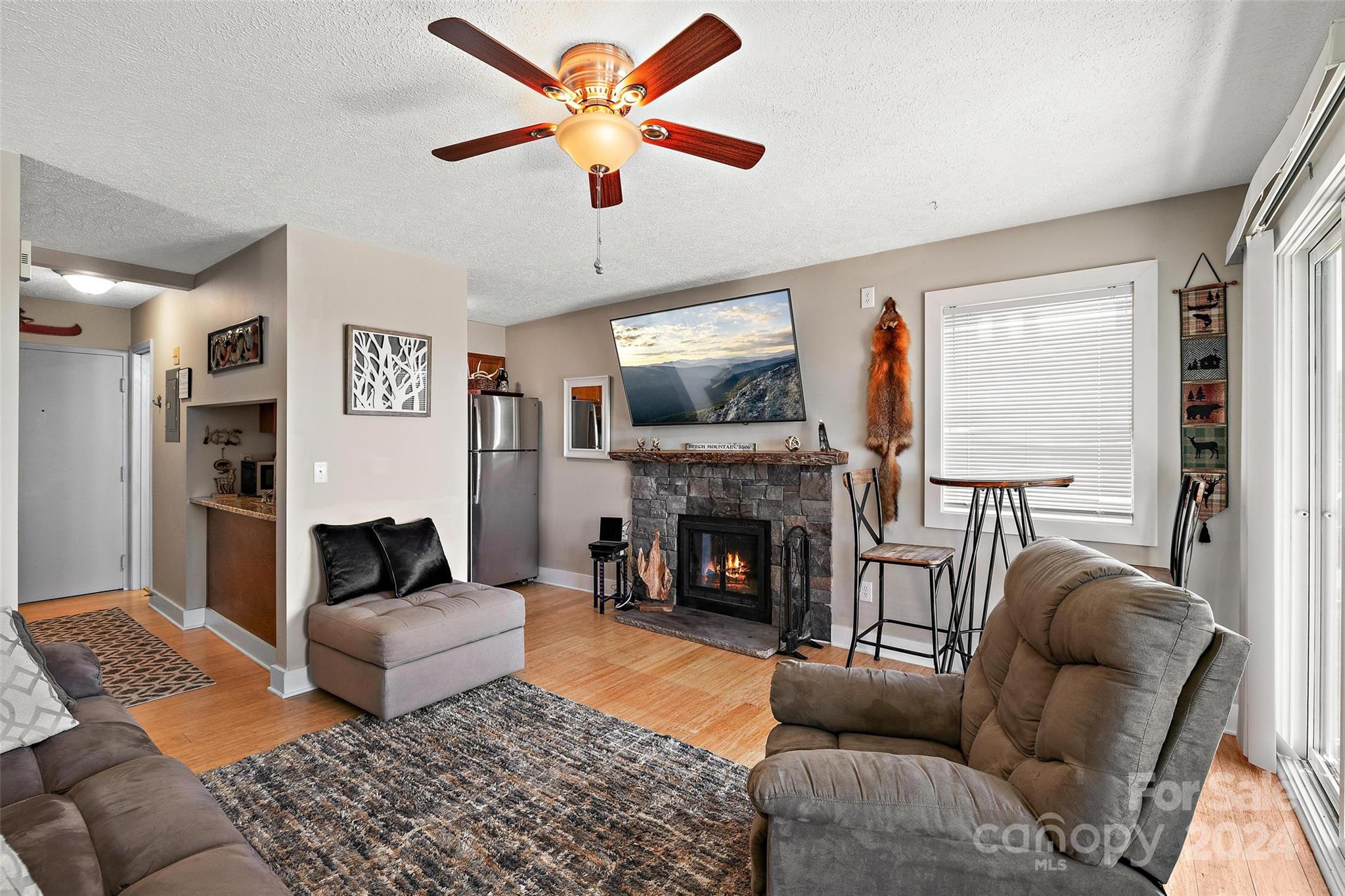 a living room with furniture and a fireplace