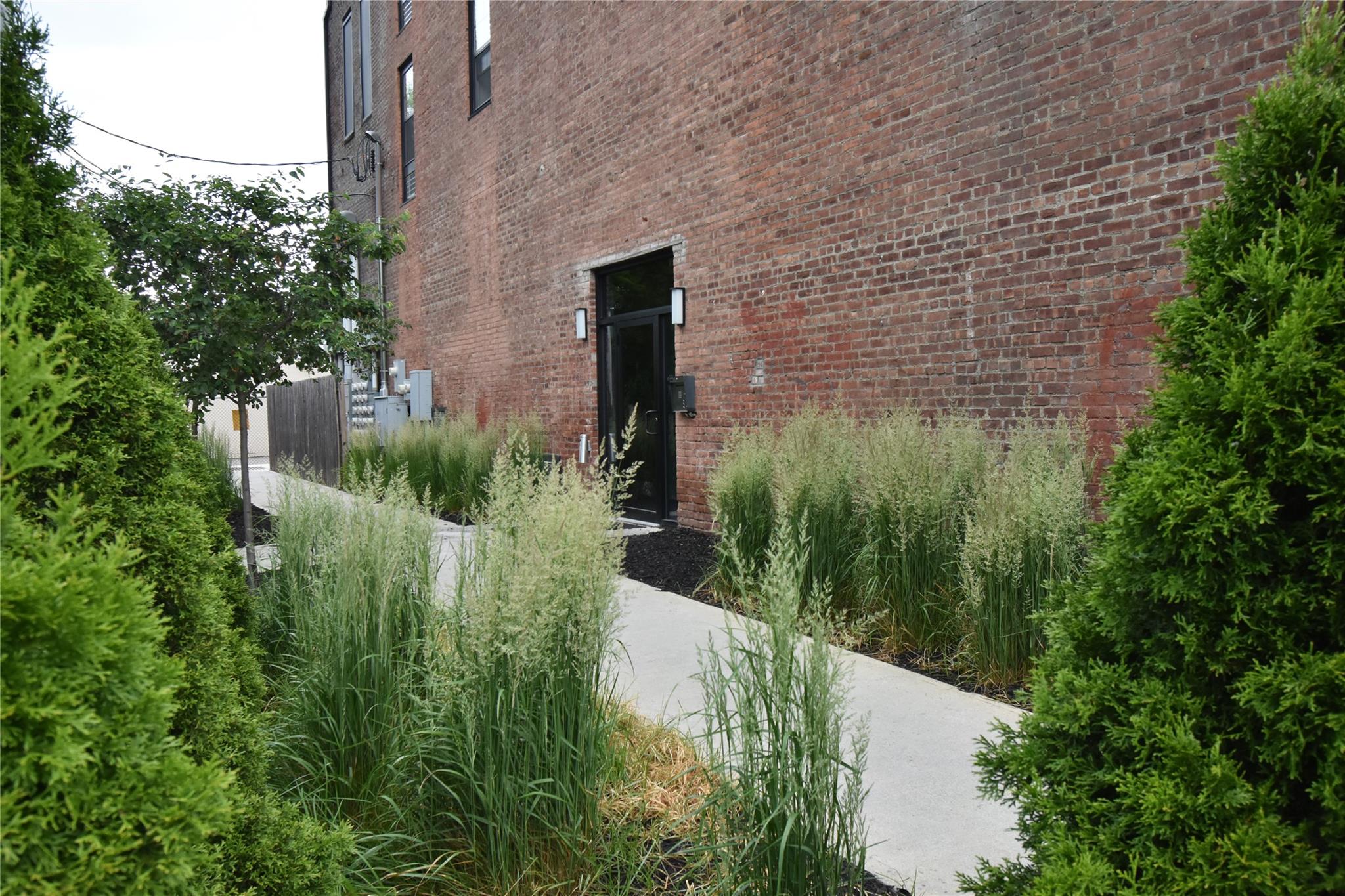 a aerial view of a house with a yard and plants