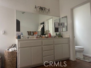 a bathroom with a sink vanity and toilet