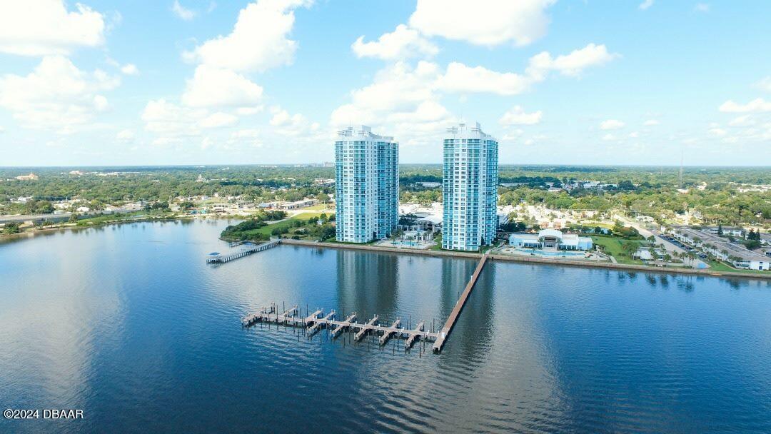 a view of a lake with a city