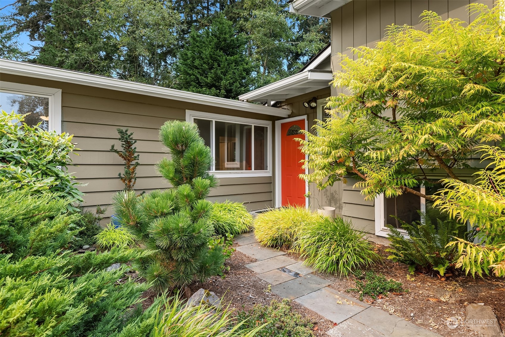 a view of a house with a small yard plants and large tree