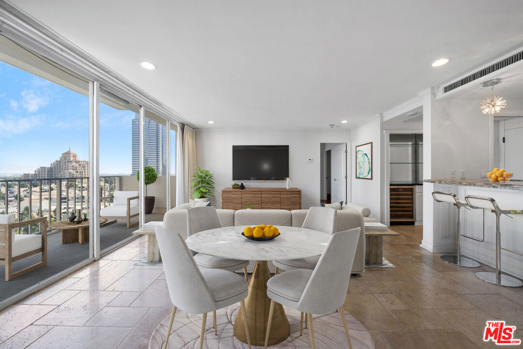 a view of a dining room with furniture window and outside view