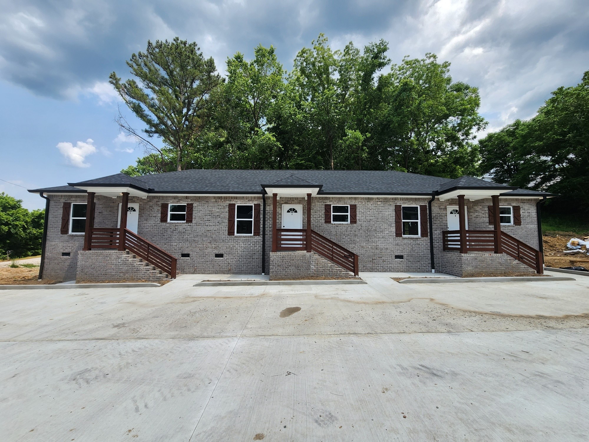 front view of a house with a patio