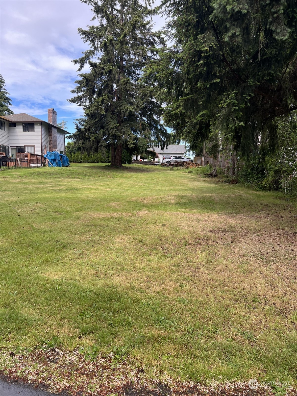 a view of yard with swimming pool and green space