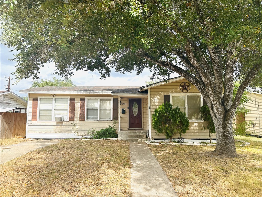 front view of a house with a tree in front