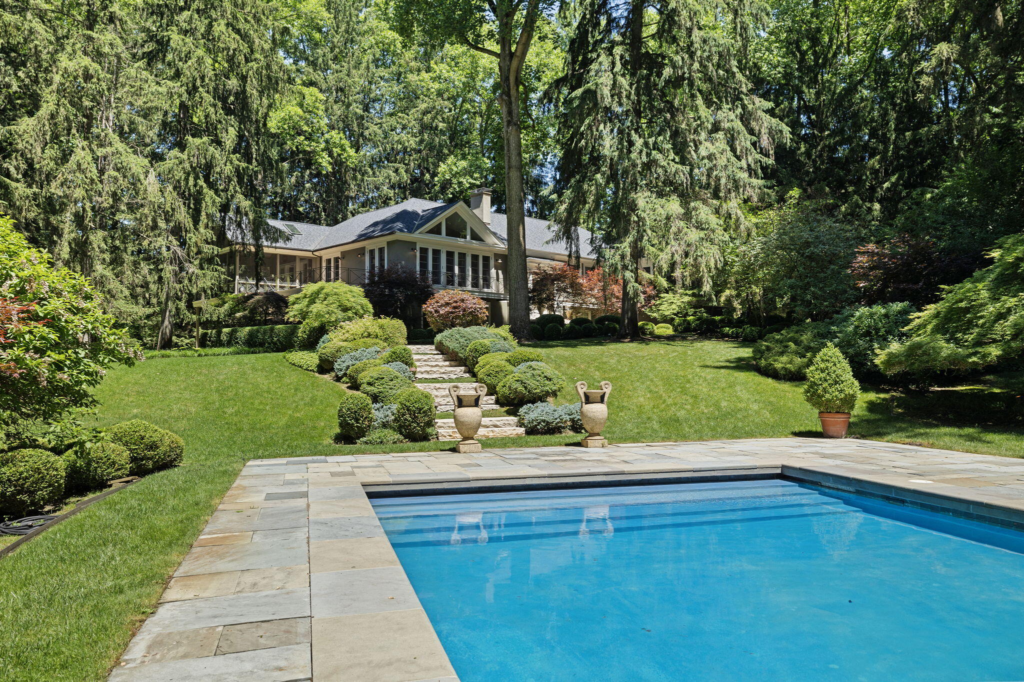 a view of a garden with a bench