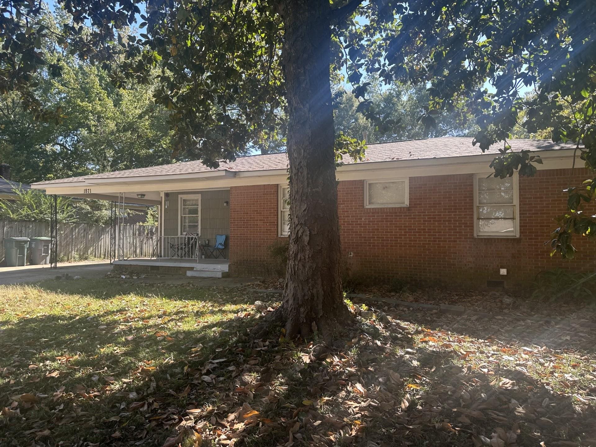 a view of a house with a small yard and large tree