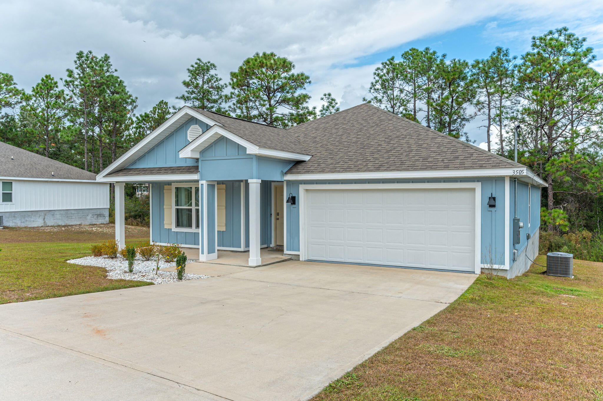 front view of a house with a patio