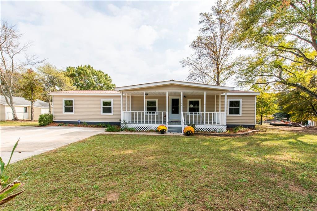 front view of a house with a patio