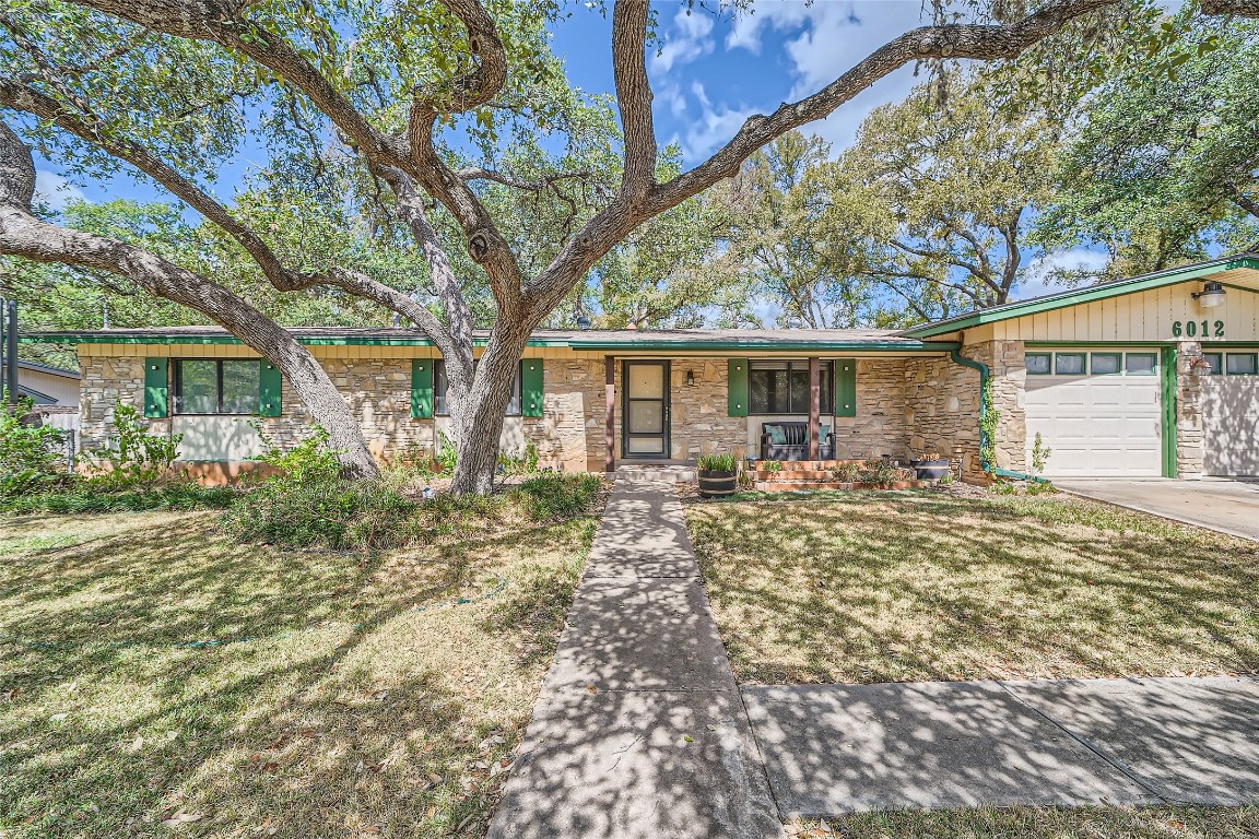 front view of a house with a large tree