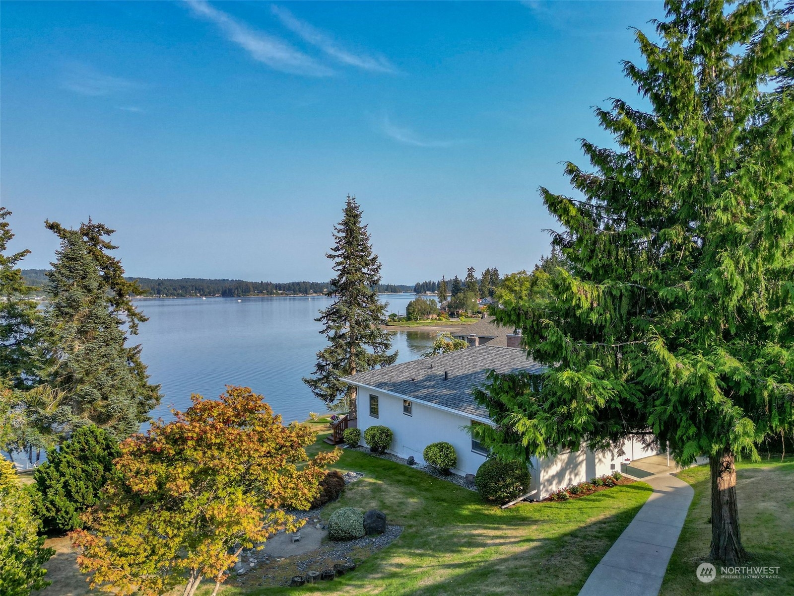 a view of a garden with a lake