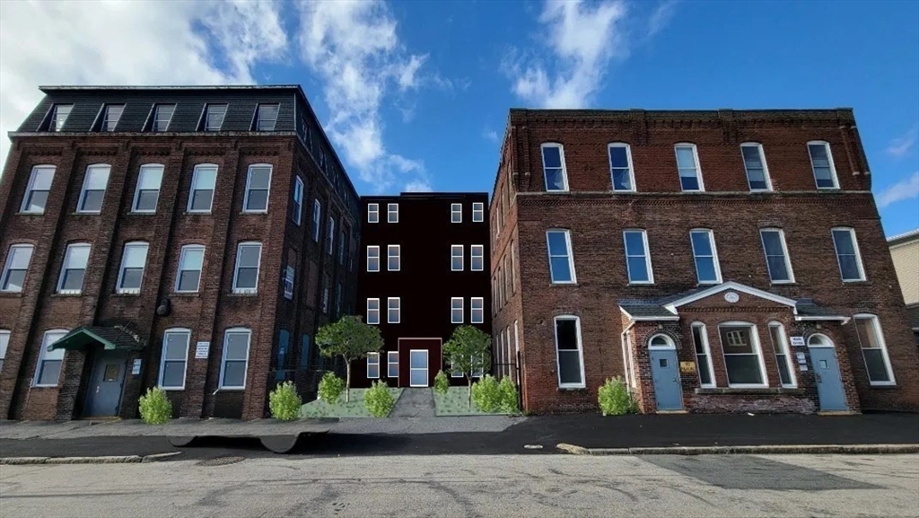 a front view of a building with street