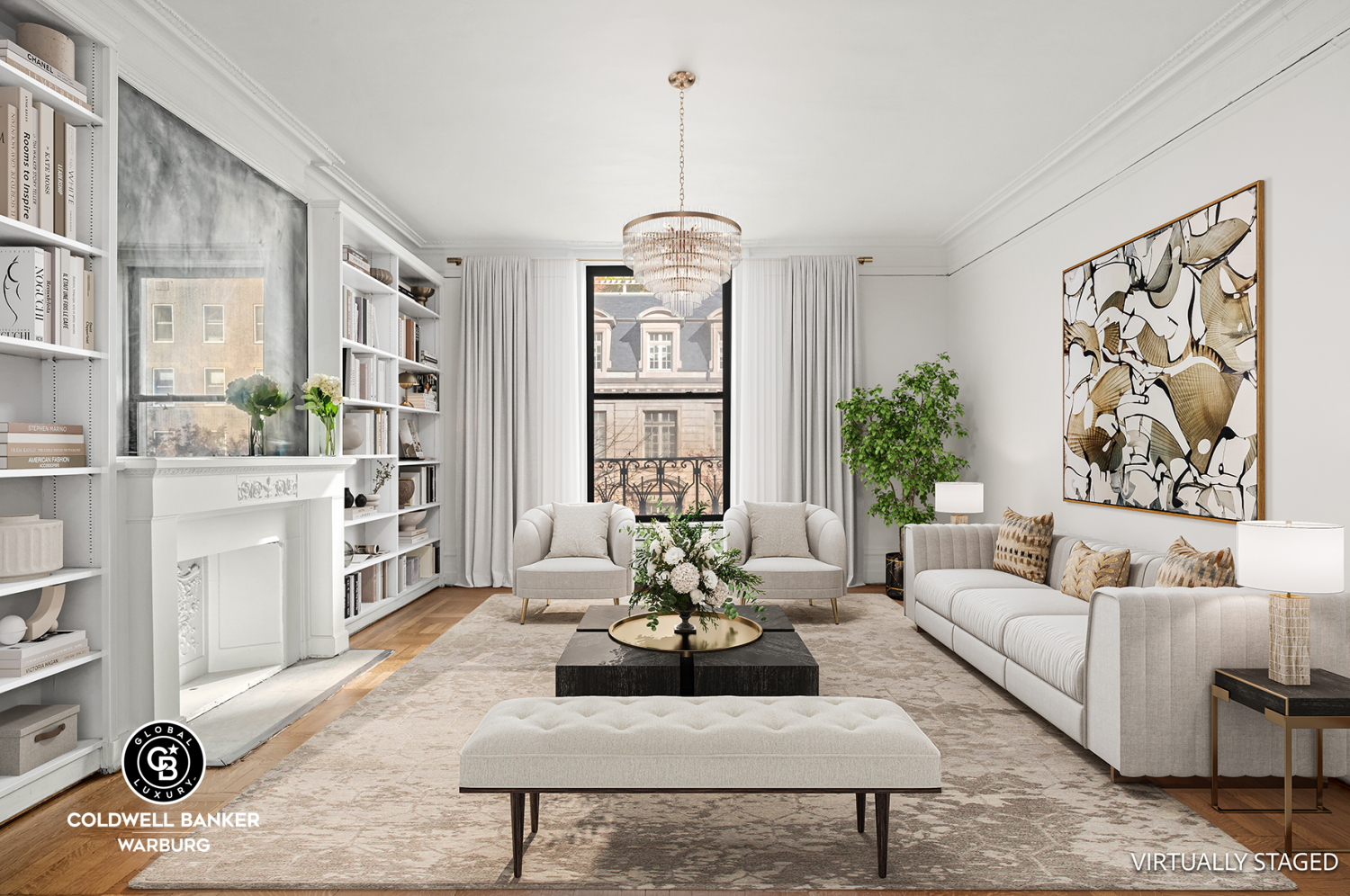 a living room with furniture a chandelier and a window