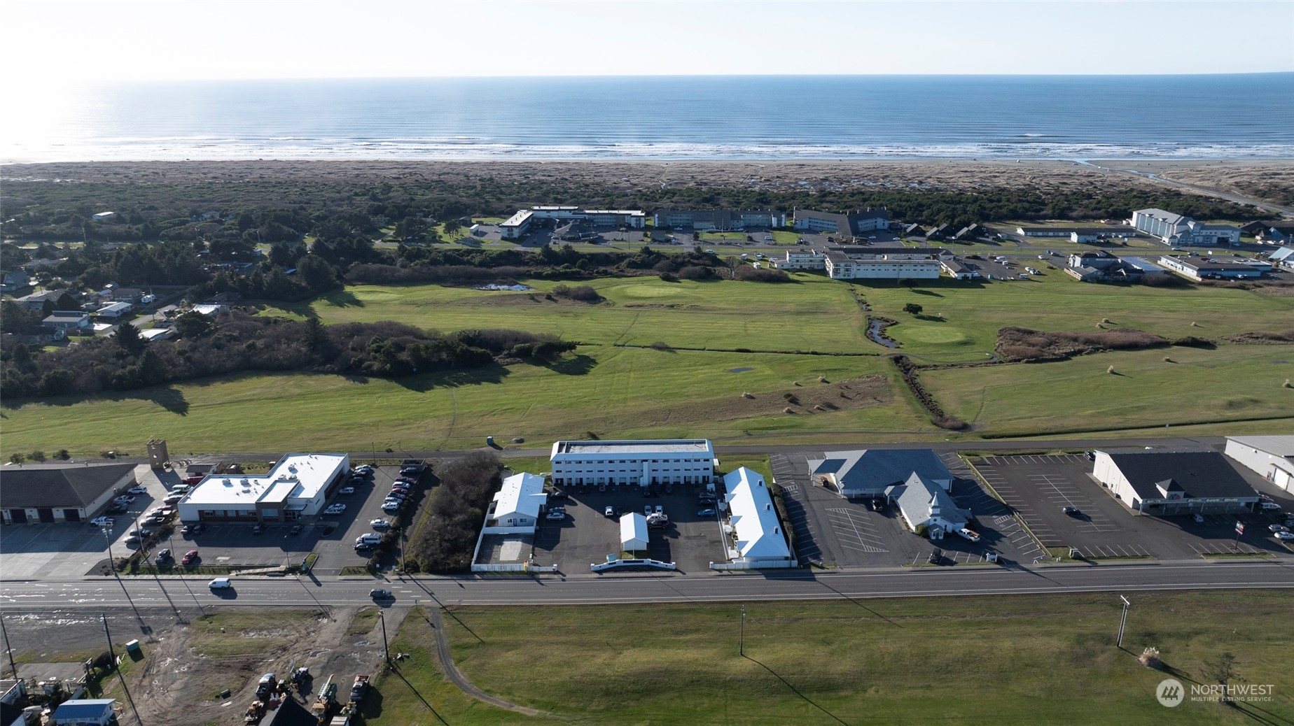 an aerial view of a with a ocean view