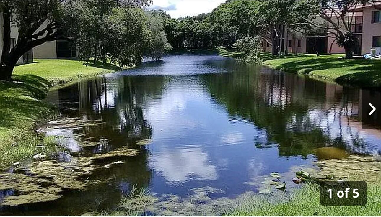 a backyard of a house with lots of green space and lake view