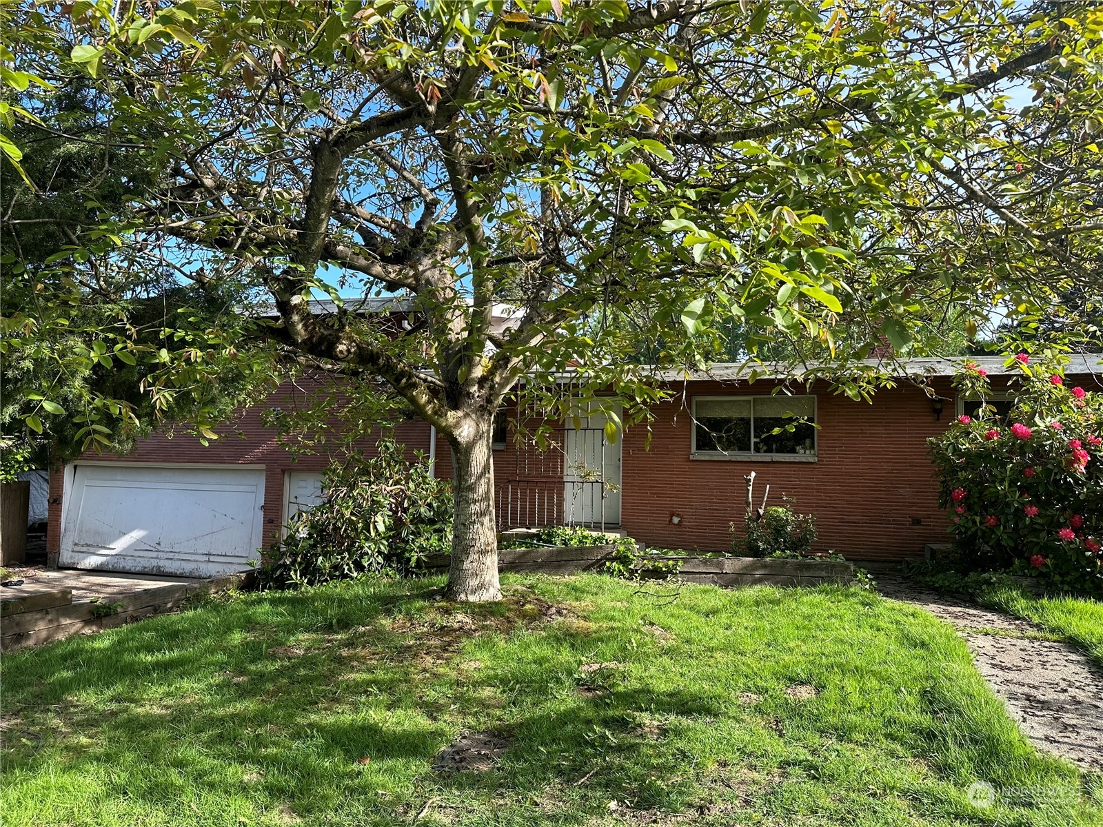 a front view of a house with a garden