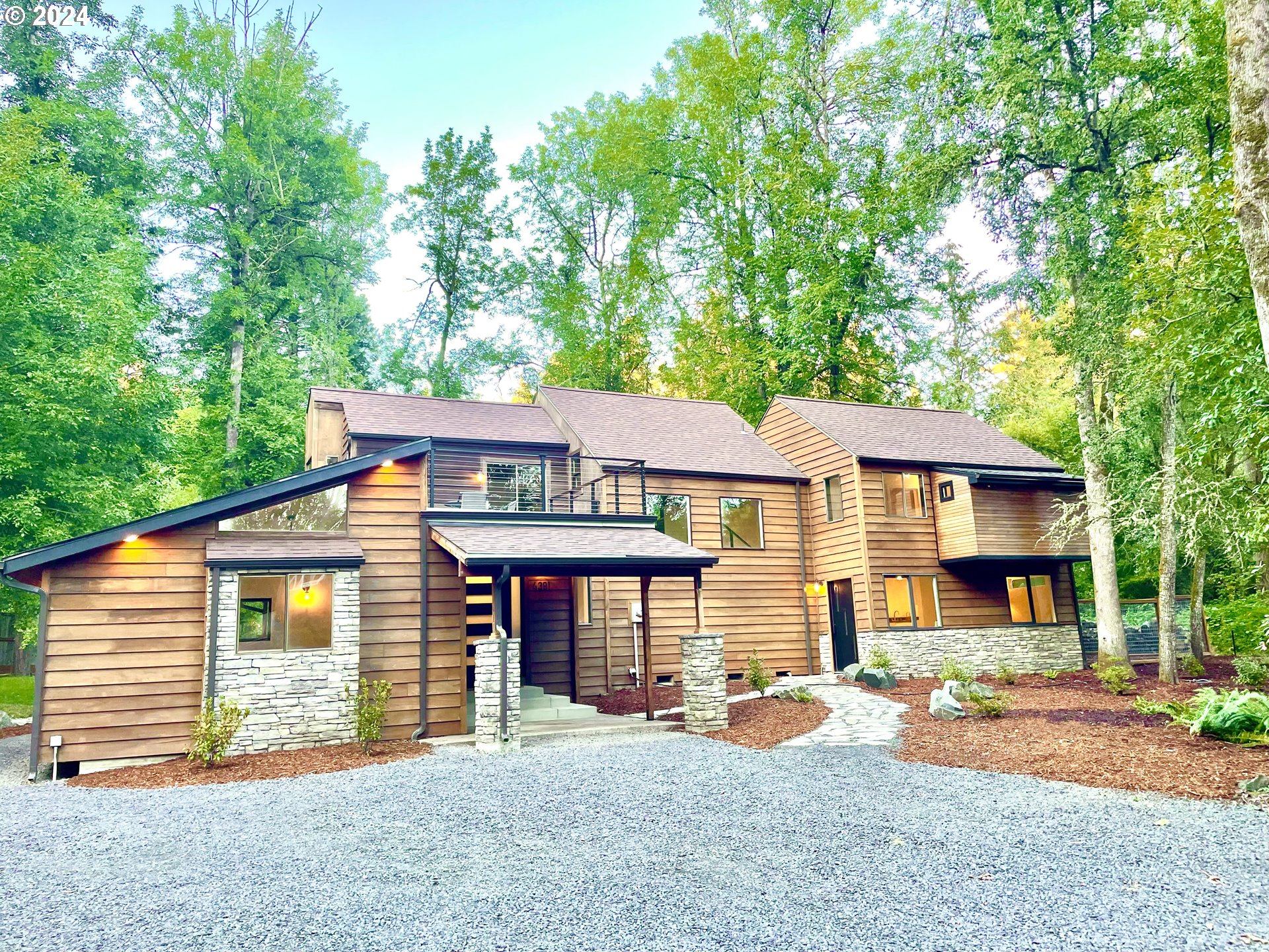 front view of a house with a patio