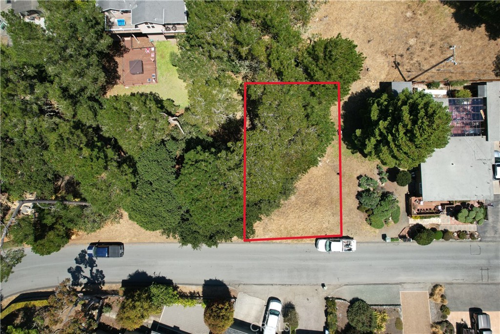 an aerial view of a house with a yard and a fountain