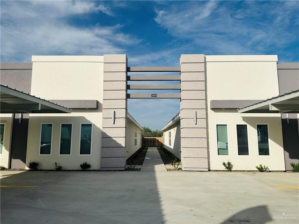 a view of a building with a large window