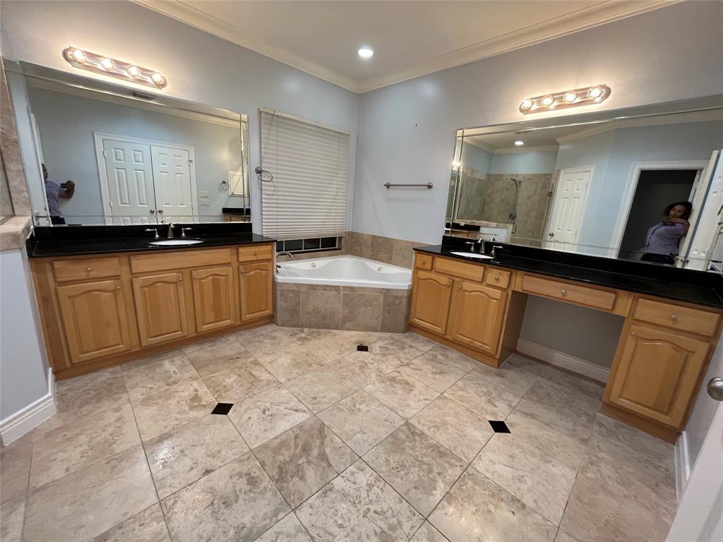 a large bathroom with a sink a large mirror and a bathtub