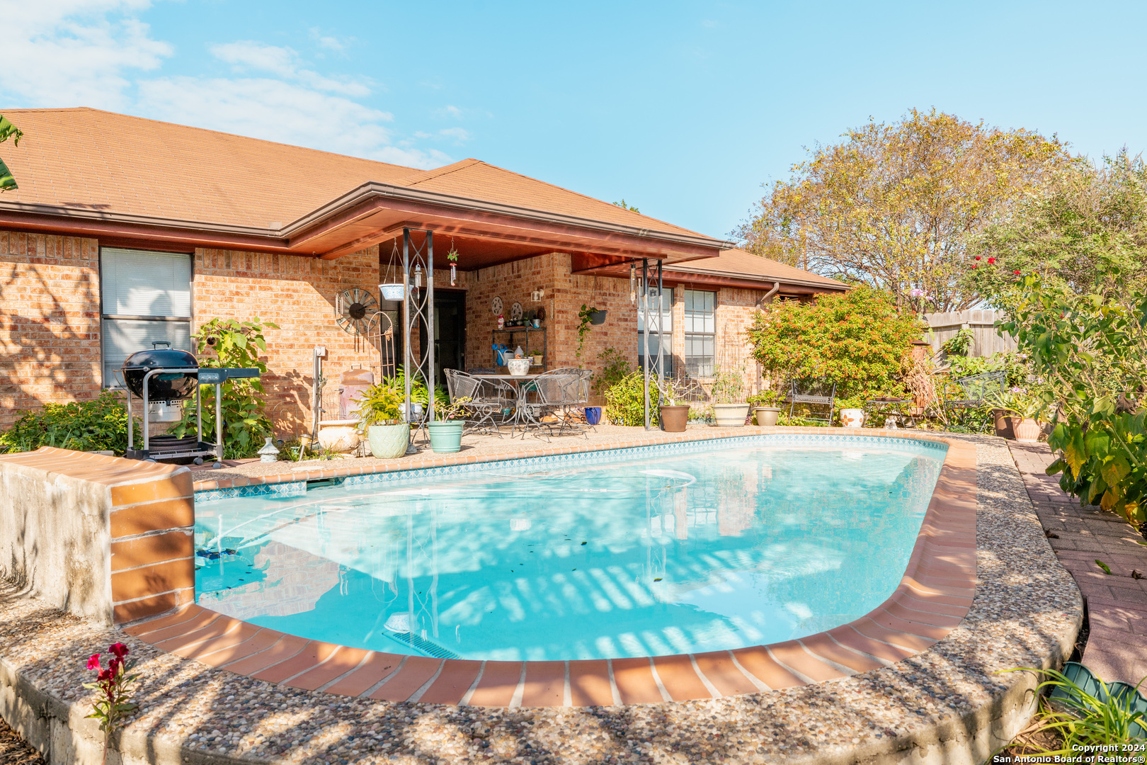 an outdoor view with a swimming pool