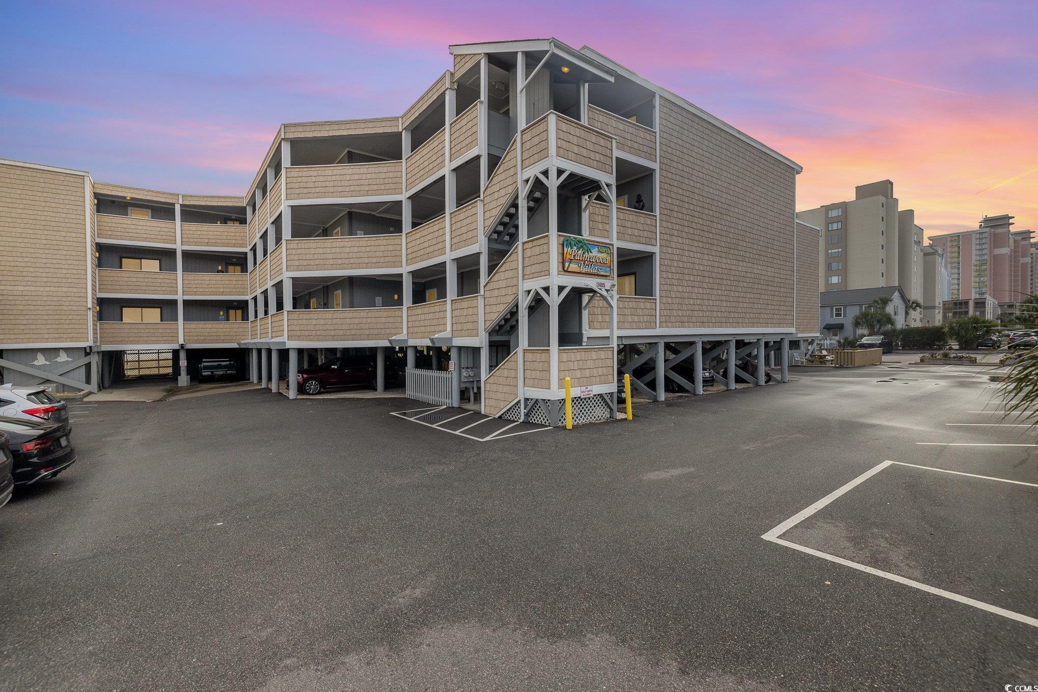 View of outdoor building at dusk