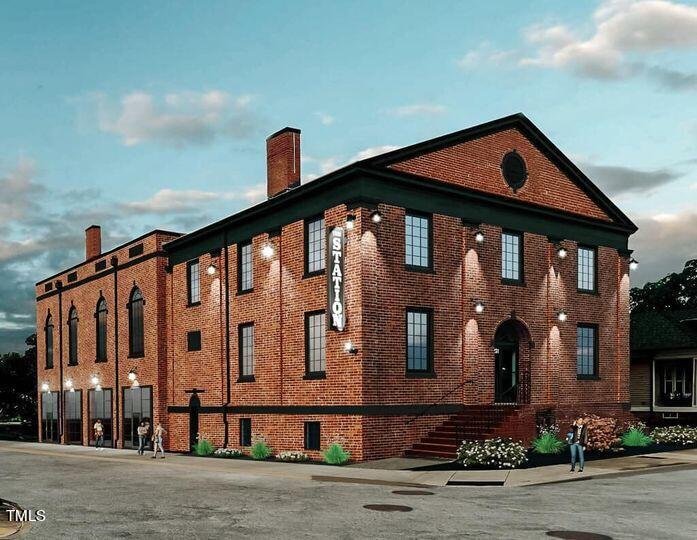 a front view of a building with street