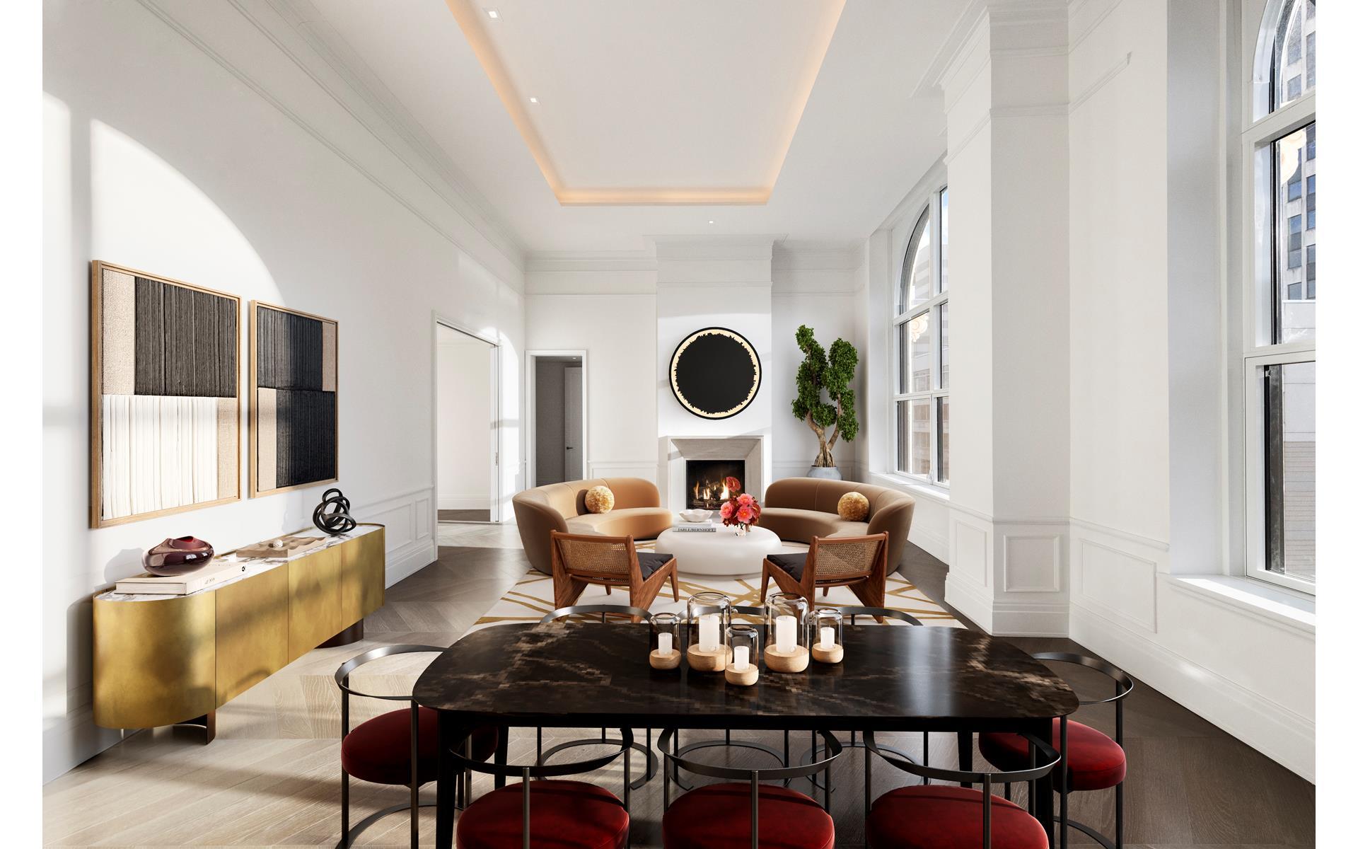 a dining room with furniture and wooden floor