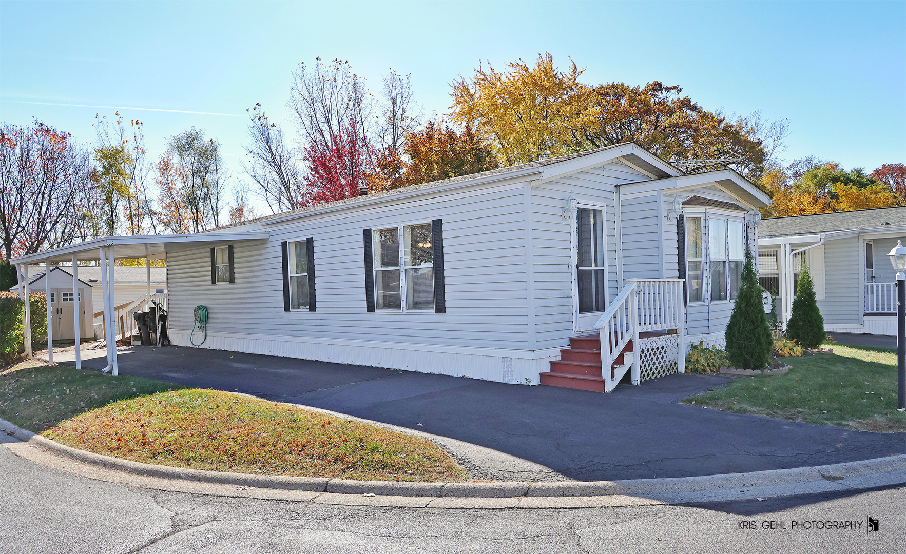 front view of a house with a patio