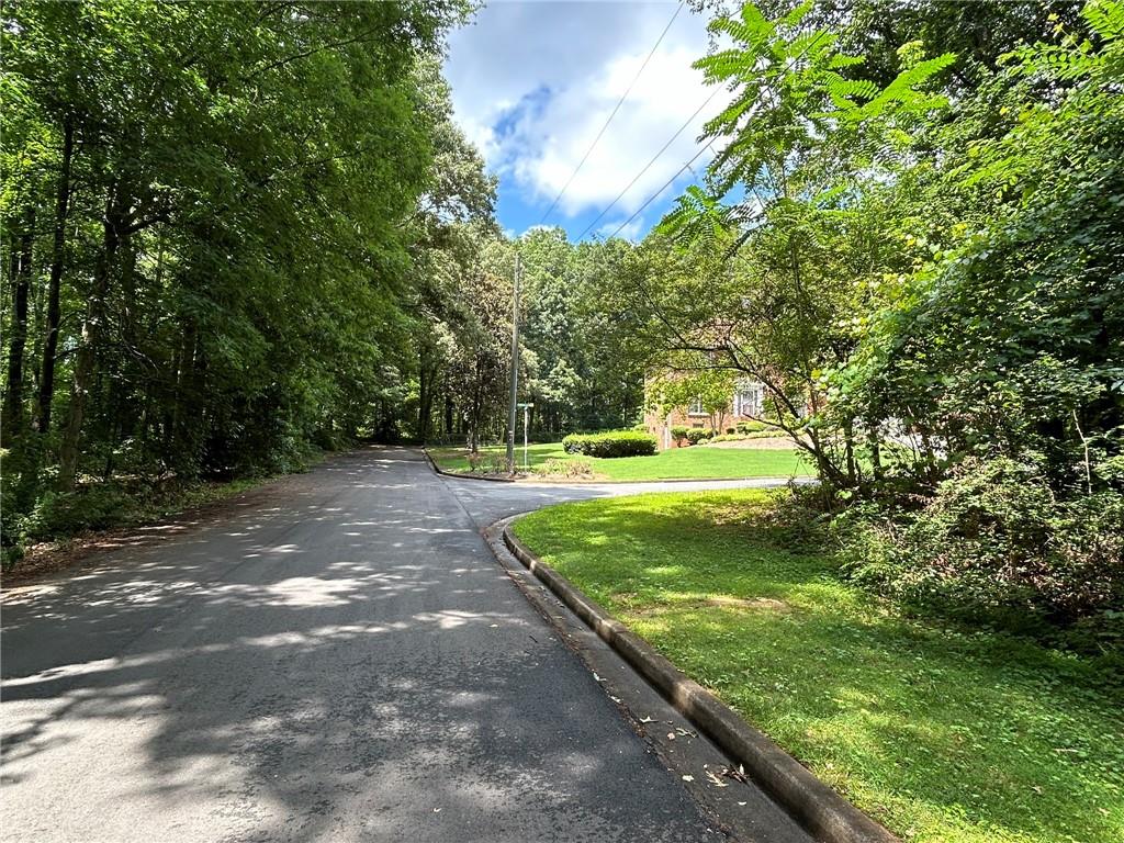 a view of a yard with large trees