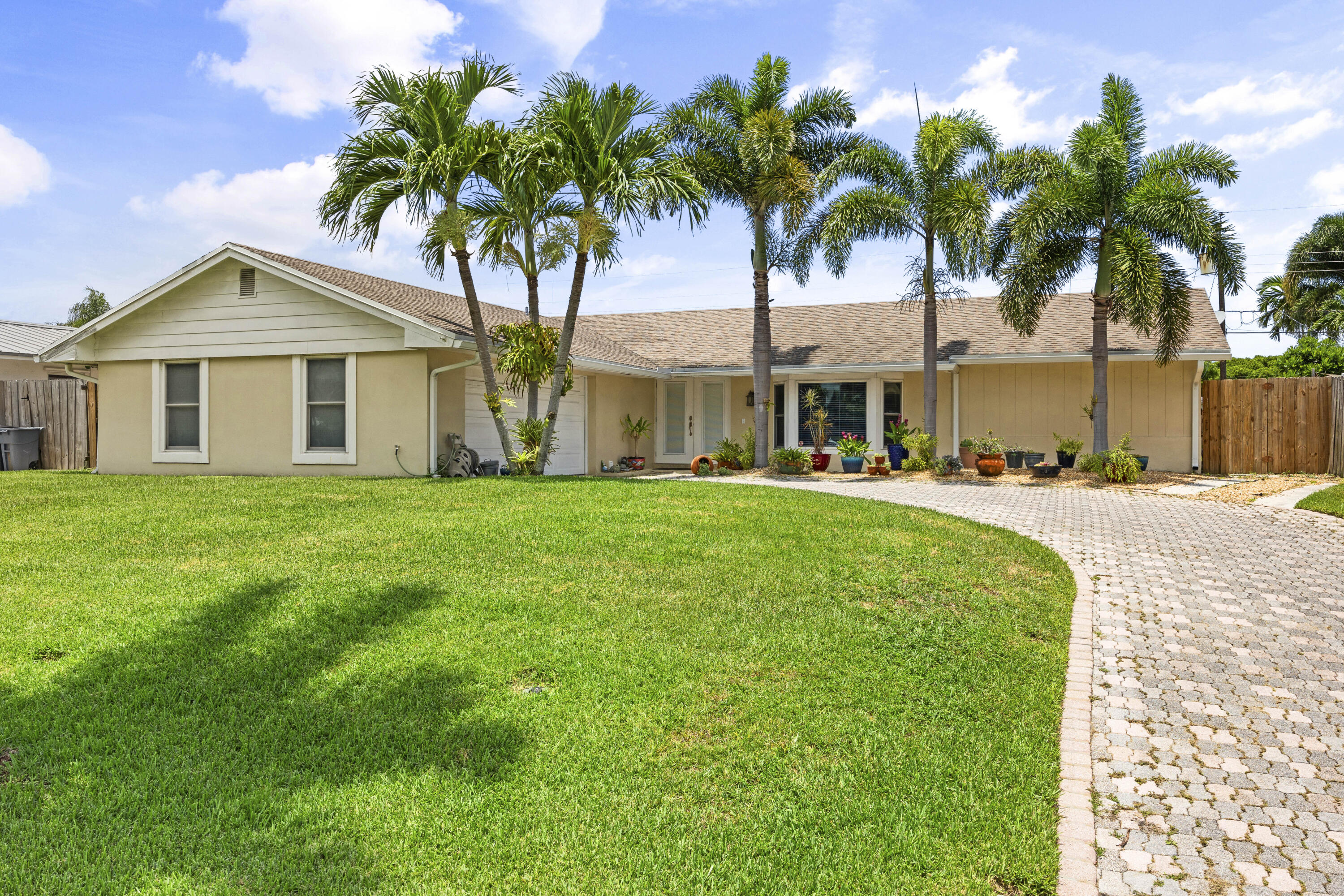 a front view of house with yard and palm tree