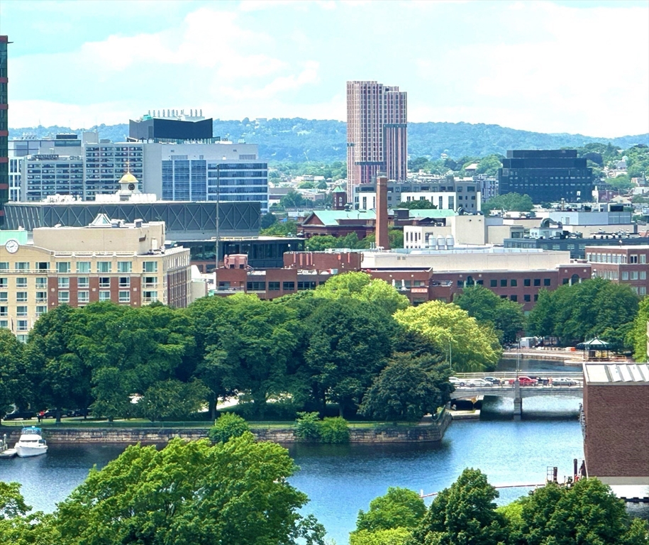 a view of a city that has tall buildings and a big yard