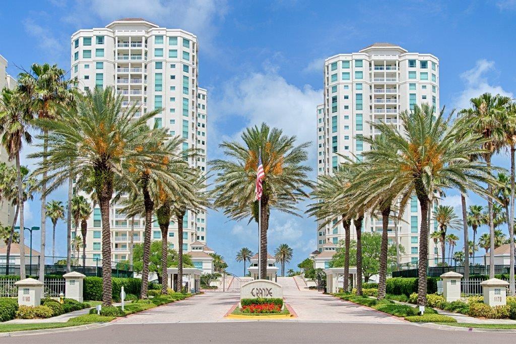 a view of a tall building with a palm tree in the background