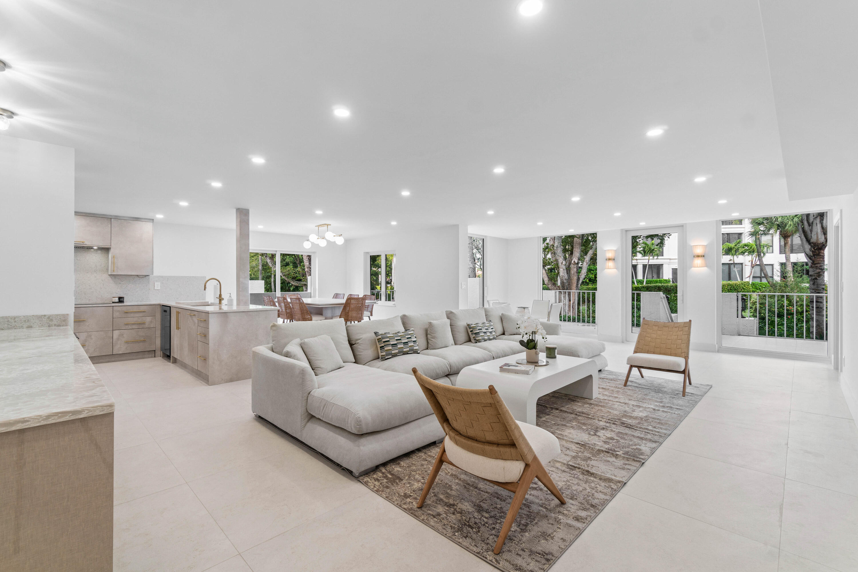 a living room with furniture and a table