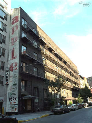 a view of a building and a street