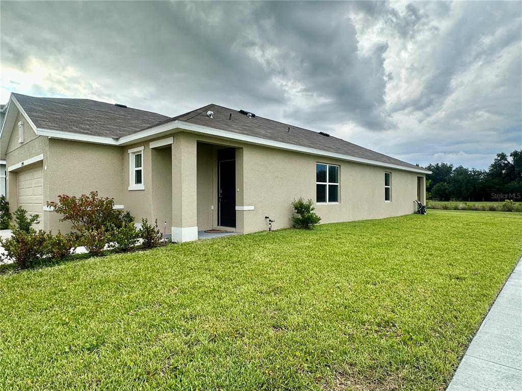 a front view of house with yard and green space