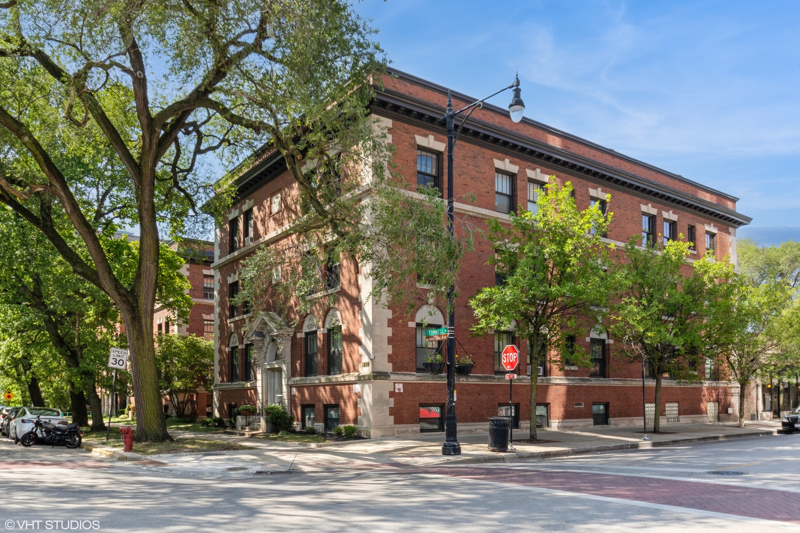 front view of a building with a street